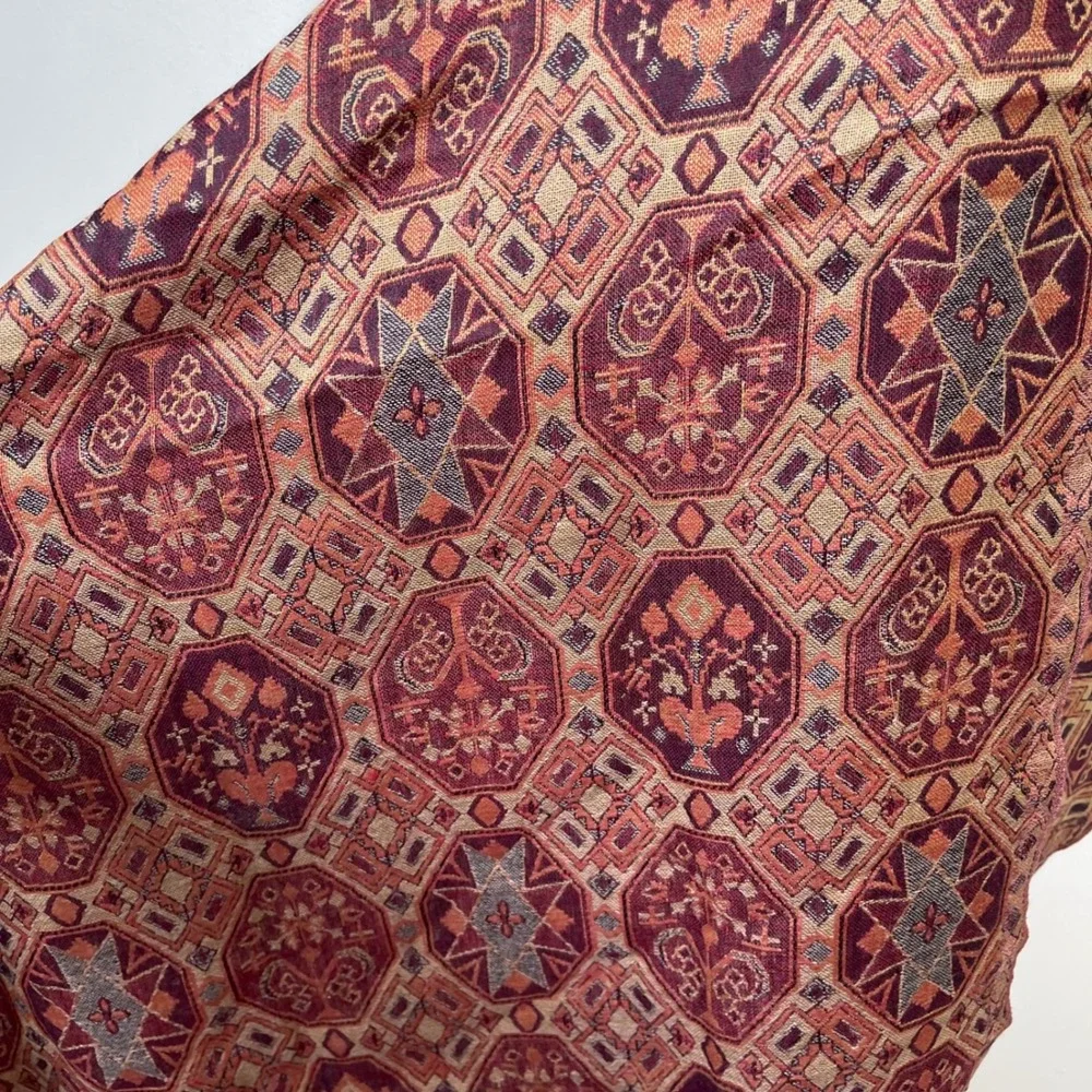 Vintage Pure Wool Pashmina Geometric Medallion Fringed Shawl Wrap Red Brown Gold